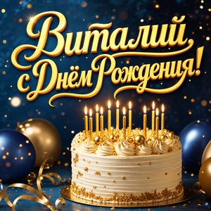 Открытка с Днем Рождения Виталию с тортом и шарами