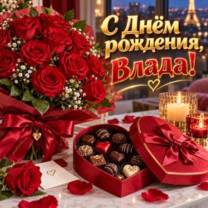 Открытка «С Днём рождения, Влада!» Владе с алыми розами и конфетами