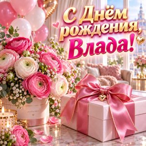 Открытка «С Днём рождения, Влада!» Владе с шарами и ранункулюсами