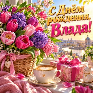 Открытка «С Днём рождения, Влада!» Владе с тюльпанами в корзине