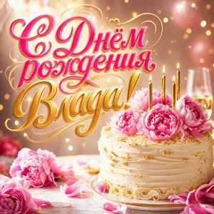 Открытка с Днем Рождения Владе с тортом и пионами