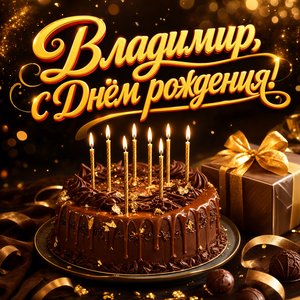 Открытка с Днем Рождения Владимиру, Вове с шоколадным тортом и свечами