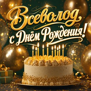 Открытка с Днем Рождения Всеволоду с тортом и золотыми шарами