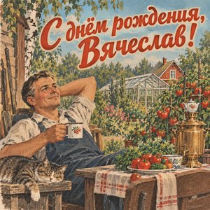 Открытка «С днём рождения, Вячеслав!» Вячеславу с дачей и самоваром