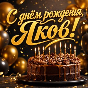 Открытка с Днем Рождения Якову с шоколадным тортом и свечами