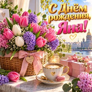 Открытка «С Днём рождения, Яна!» Яне с тюльпанами в корзине