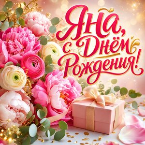 Открытка с Днем Рождения Яне с букетом пионов и подарком