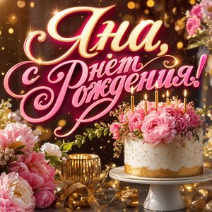 Открытка с Днем Рождения Яне с тортом и пионами