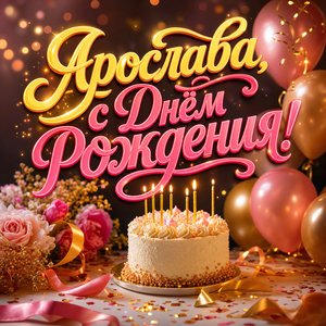 Открытка с Днем Рождения Ярославе с тортом и воздушными шарами