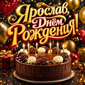 Открытка с Днем Рождения Ярославу с шоколадным тортом и свечами