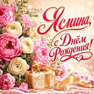Открытка с Днем Рождения Ясмине с пионами и подарком