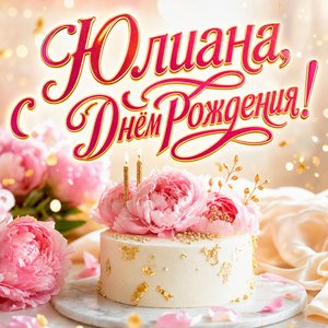 Открытка с Днем Рождения Юлиане с тортом и пионами