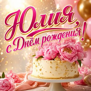 Открытка с Днем Рождения Юлии с тортом и пионами