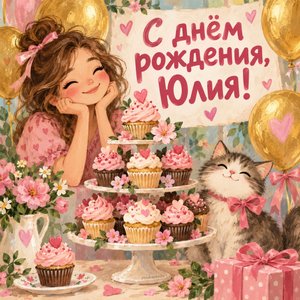 Открытка «С днём рождения, Юлия!» Юлии с башней из капкейков