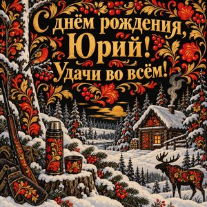 Открытка «С днём рождения, Юрий! Удачи во всём!» Юрию с зимним лесом