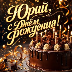 Открытка с Днем Рождения Юрию с шоколадным тортом и свечами