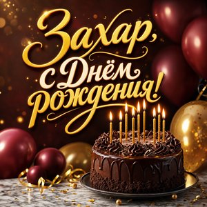 Открытка с Днем Рождения Захару с шоколадным тортом и свечами