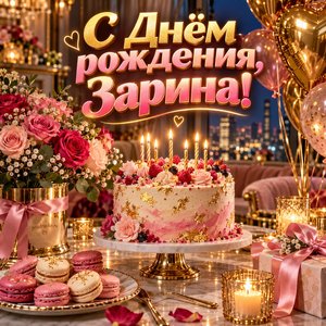 Открытка «С Днём рождения, Зарина!» Зарине с тортом и шарами Открытка «С Днём рождения, Зарина!» Зарине с тортом и шарами