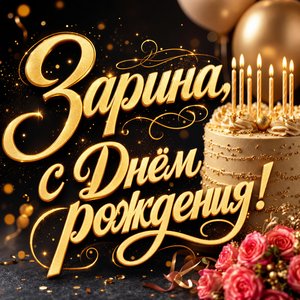 Открытка с Днем Рождения Зарине с тортом и шарами