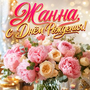 Открытка с Днем Рождения Жанне с букетом пионов и роз