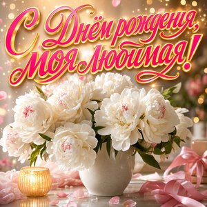 Открытка с Днем Рождения жене с белыми пионами