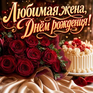 Открытка с Днем Рождения жене с букетом бордовых роз