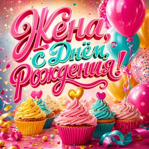Открытка с Днем Рождения жене с кексами и шарами