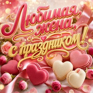 Открытка с Днем Рождения жене с макаронами в форме сердца