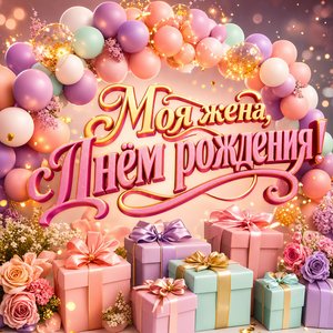 Открытка с Днем Рождения жене с пастельными шарами