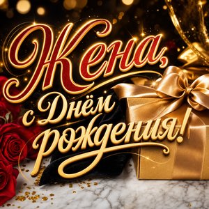 Открытка с Днем Рождения жене с золотым подарком