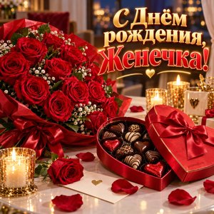 Открытка «С Днём рождения, Женечка!» Евгении с алыми розами и конфетами