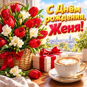 Открытка «С Днём рождения, Женя!» Жене с тюльпанами и капучино