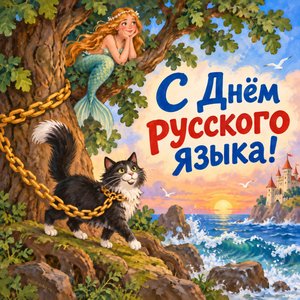 Открытка «С Днём русского языка!» с учёным котом у дуба