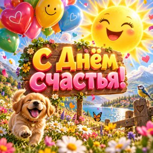 Открытка «С Днём счастья!» с шарами и солнцем