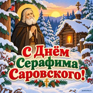 Открытка «С Днём Серафима Саровского!» с кельей в лесу