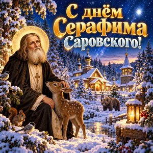 Открытка «С днём Серафима Саровского!» со старцем у лесного монастыря