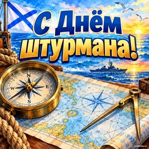 Открытка «С Днём штурмана!» с картой и компасом