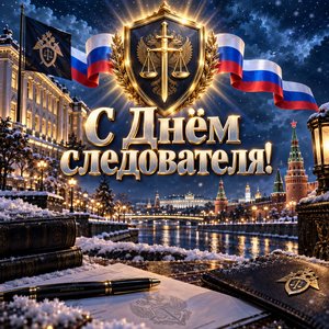 Открытка «С Днём следователя!» со щитом над городом