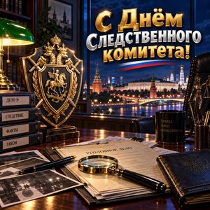 Открытка «С Днём Следственного комитета!» с делами и лупой