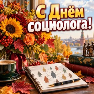 Открытка «С Днём социолога!» с букетом и блокнотом