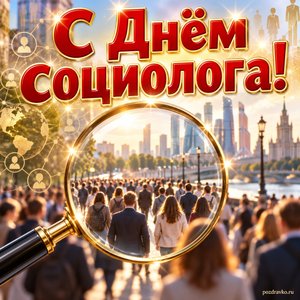 Открытка «С Днём социолога!» с лупой над городом