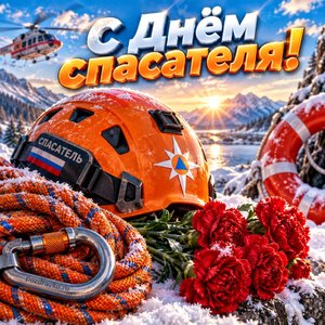 Открытка «С Днём спасателя!» с каской и спасательным кругом