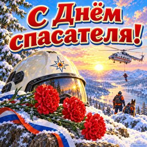 Открытка «С Днём спасателя!» с каской спасателя и гвоздиками
