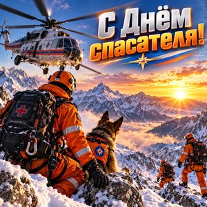 Открытка «С Днём спасателя!» с вертолётом в горах