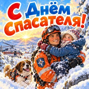 Открытка «С Днём спасателя!» со спасателем и ребёнком