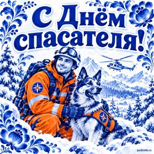 Открытка «С Днём спасателя!» со спасателем и собакой
