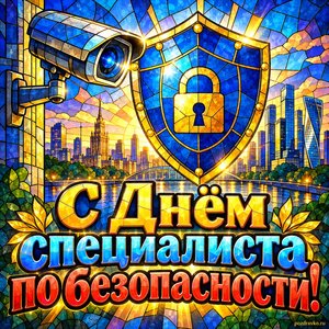 Открытка «С Днём специалиста по безопасности!» с камерой и городом