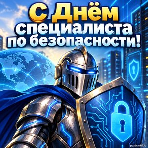 Открытка «С Днём специалиста по безопасности!» с рыцарским шлемом