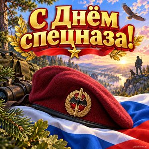 Открытка «С Днём спецназа!» с беретом и флагом
