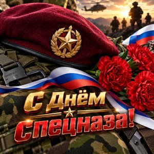 Открытка «С Днём спецназа!» с беретом и гвоздиками